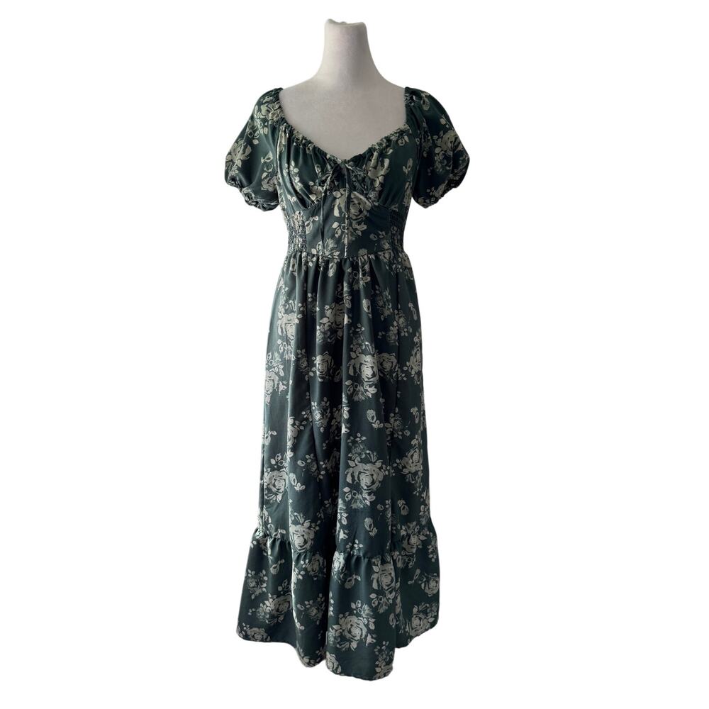 Hint of Blush Green Floral Print Smocked Waist Puff Sleeve Maxi Dress